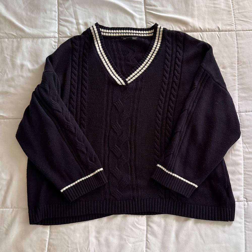 Navy V-Neck Cable Knit Sweater